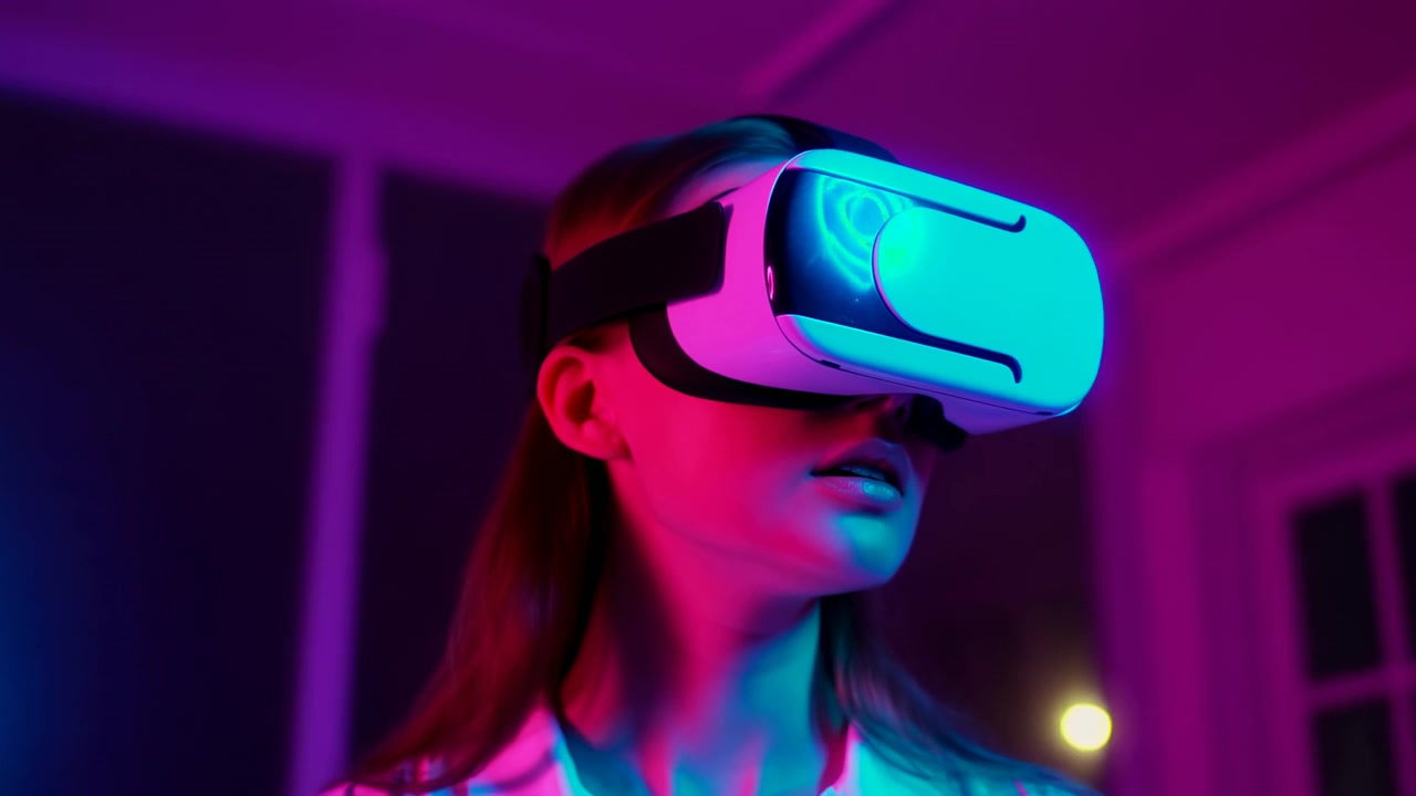 View widens from close facial detail to upper body as woman moves her headset from side to side, with blue light across white visor and pink illumination on her face and room walls.