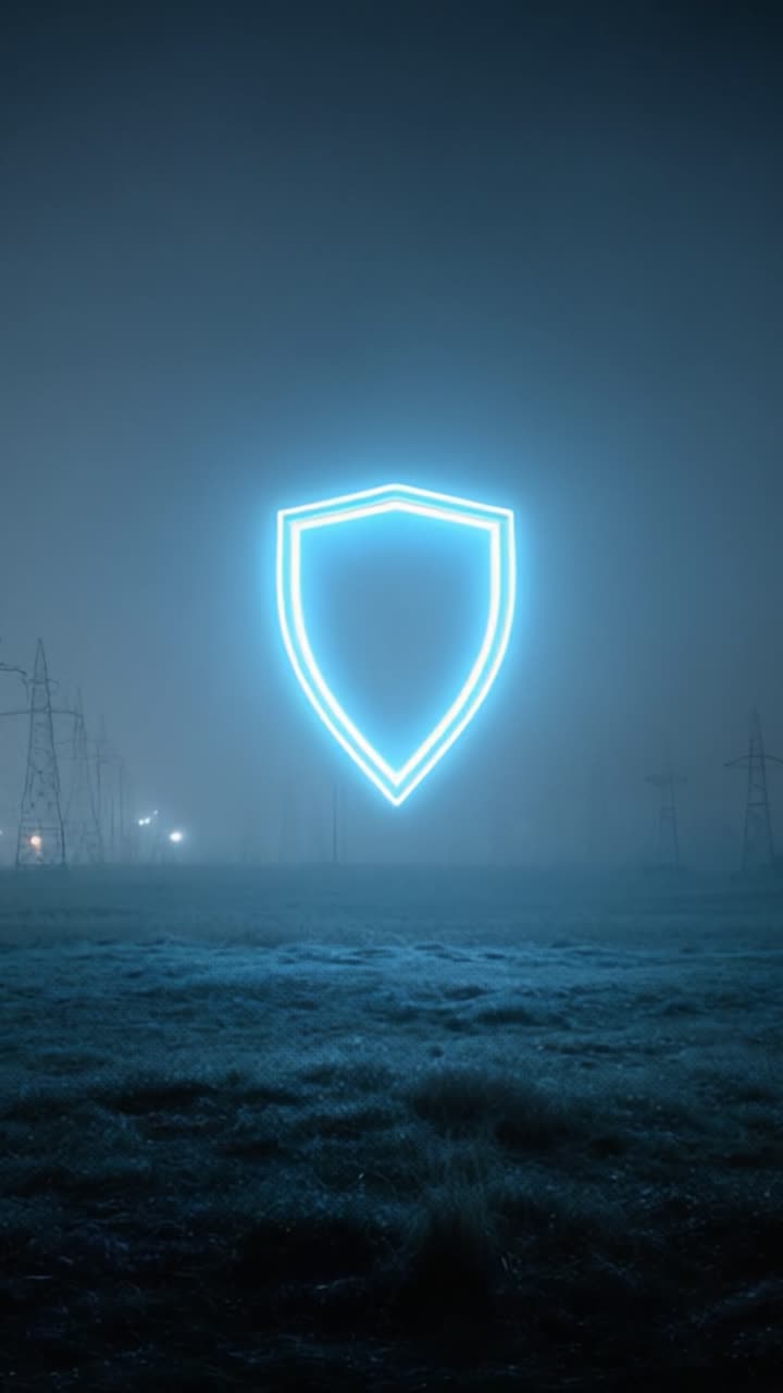 A Striking Neon Shield Illuminated in a Foggy Landscape, Surrounded by Towering Power Lines and a Mystical Atmosphere Representing Protection and Security