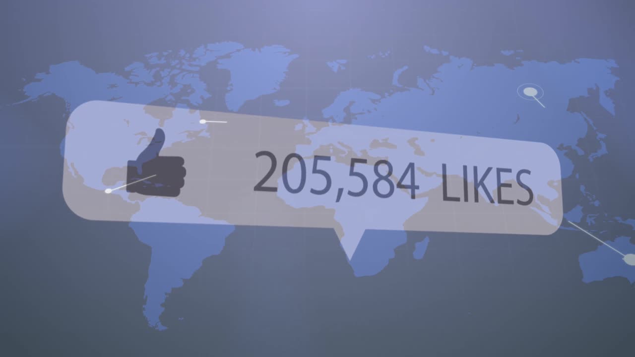 검은색 배경의 세계 지도에서 점점 더 많은 수의 라이크 텍스트의 애니메이션