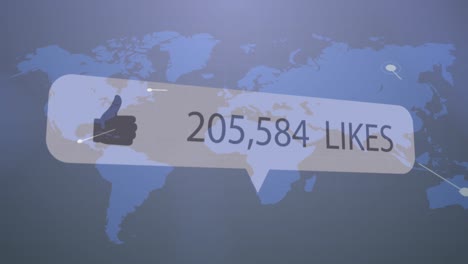 Animation-of-likes-text-with-growing-number-over-world-map-on-black-backrgound