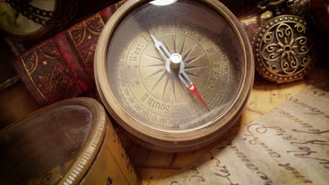 vintage style travel and adventure. vintage old compass and other vintage items on the table.