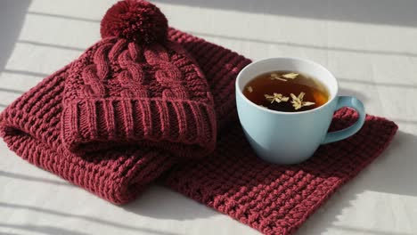 warmth and comfort: a cozy scene featuring a soft knit beanie, matching scarf, and a cup of herbal tea, perfect for relaxation on a chilly day