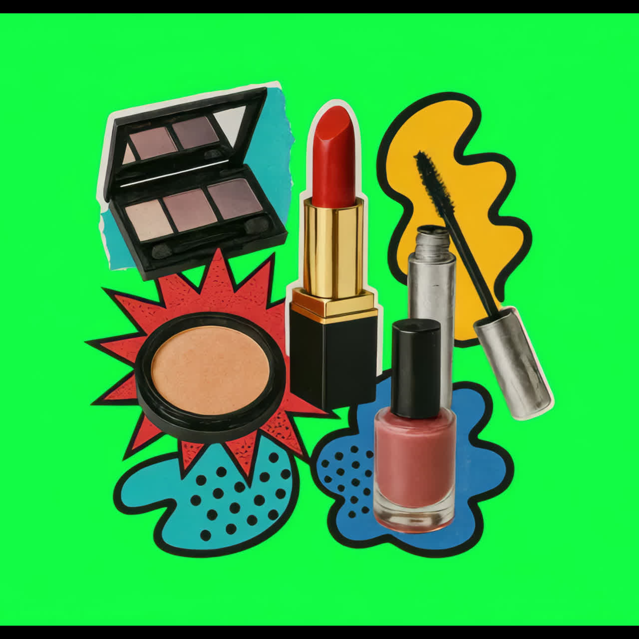 Colorful makeup collage animation isolated asset, transparent 4K video, alpha channel, ProRes 4444