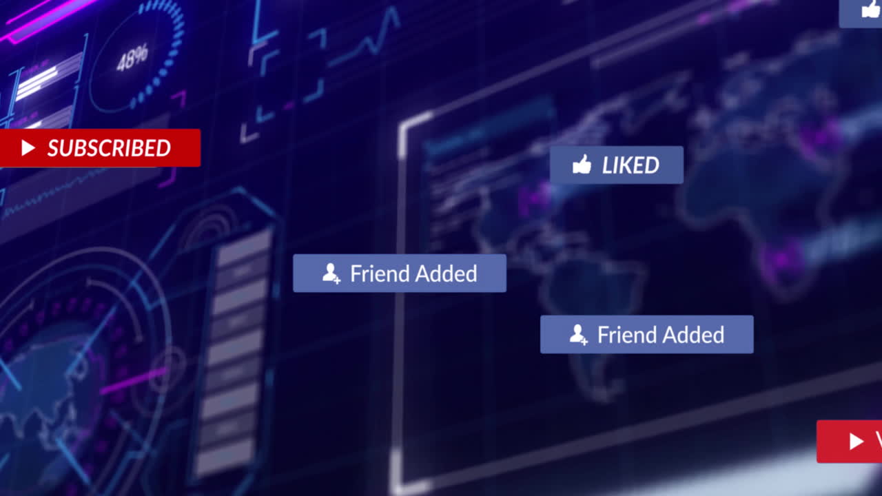 Animation of media icons over world map and data processing