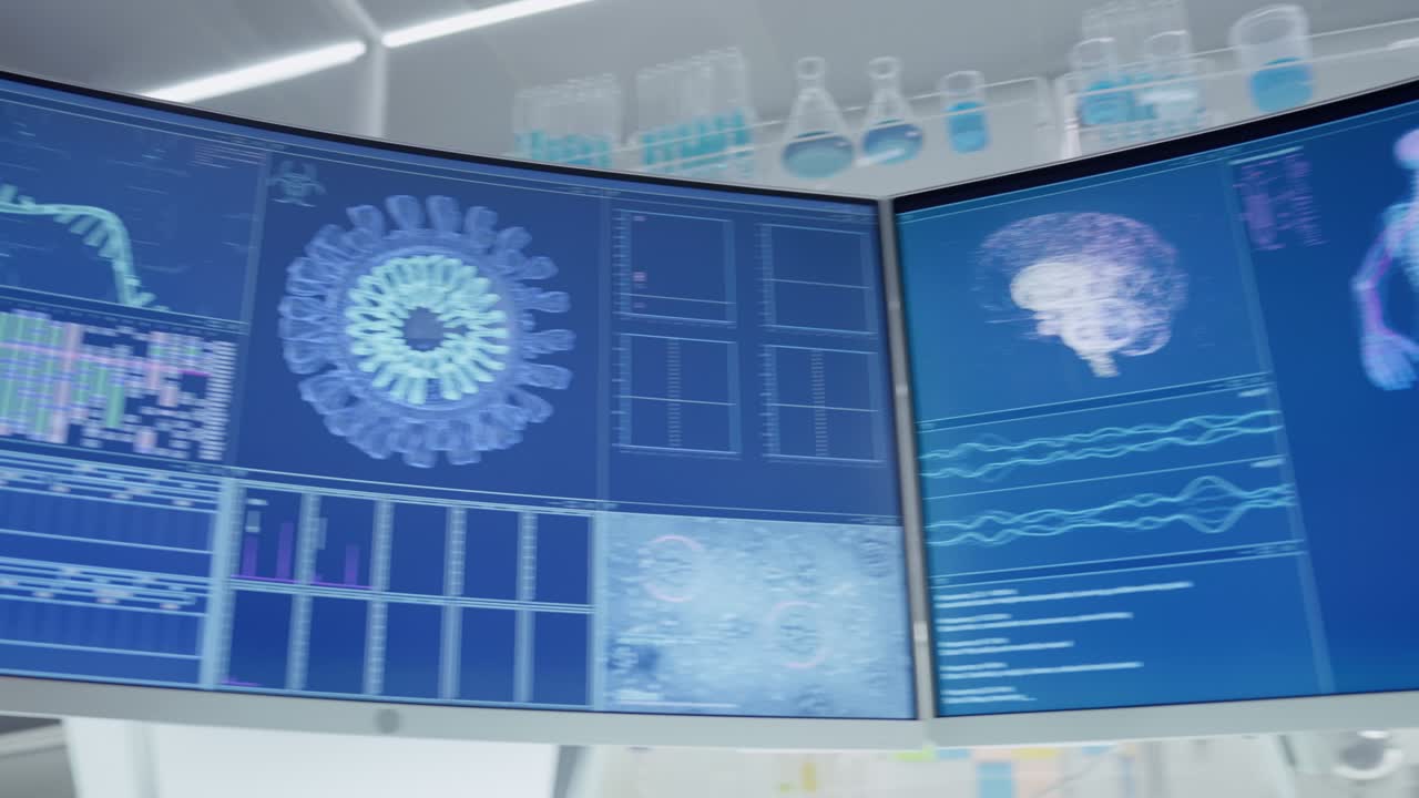 Scientist studying human skeleton. Detailed models on computer screen. Looking for injury. Futuristic laboratory research