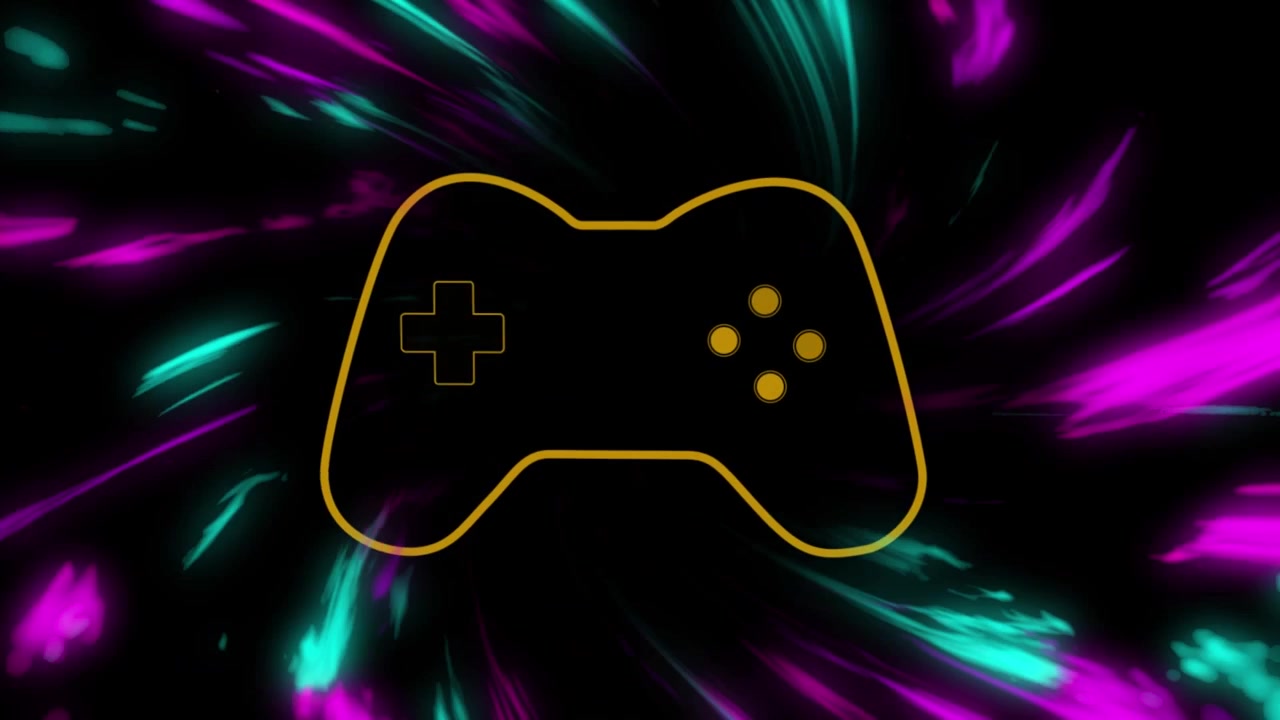 Animation af et gamepad-ikon og lilla former på en sort baggrund.
