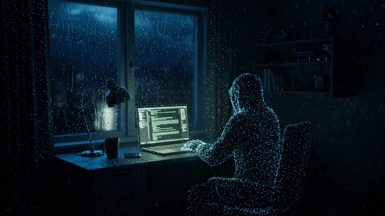 A shadowy figure sits at a computer in a dimly lit room, shrouded in mystery as raindrops tap softly against the window