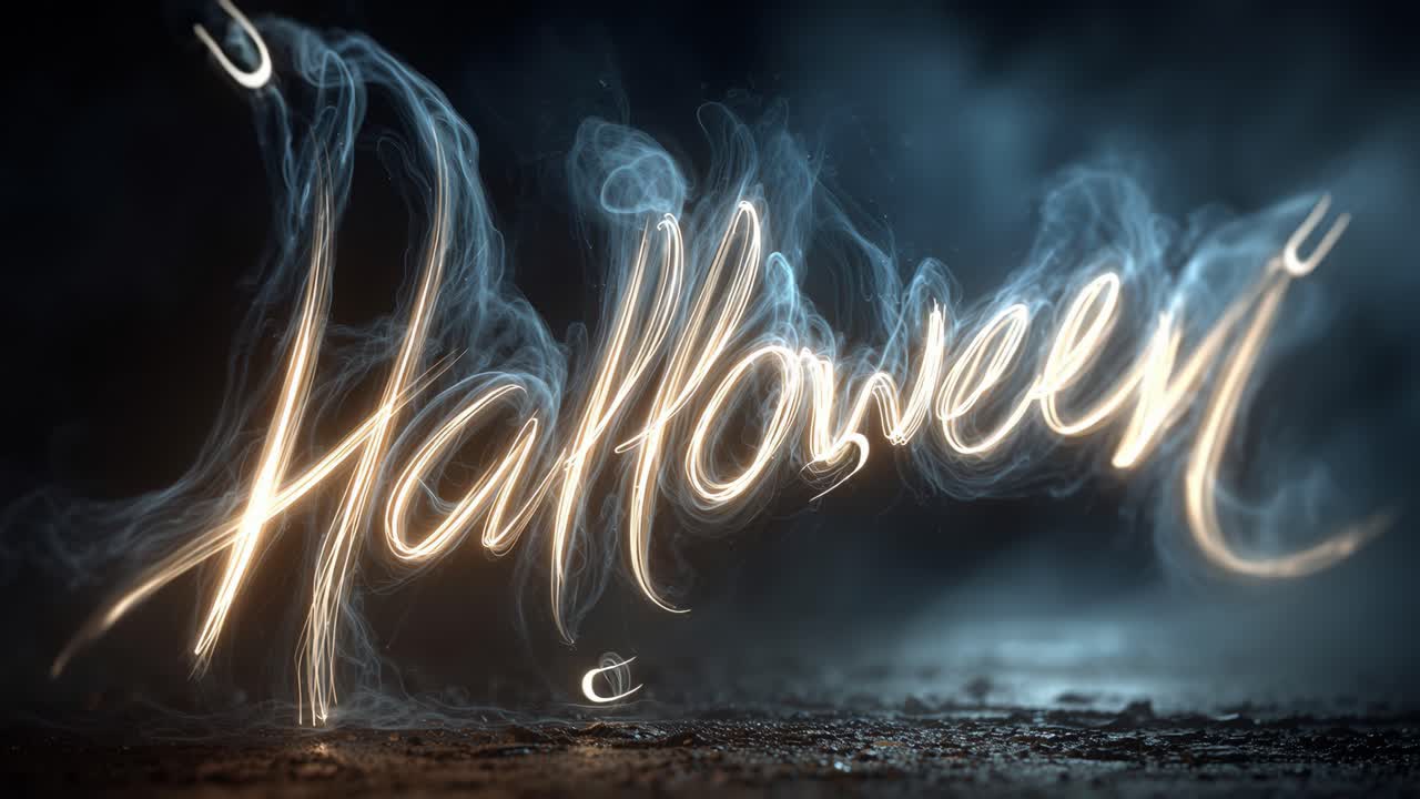 Mystisk, gyllent lys former ordet Halloween i en skummel, håndskrevet stil. Eterisk røyk velter ut fra de glødende bokstavene på en mørk og tåkete bakgrunn, og skaper en mystisk atmosfære.