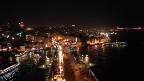 night aerial view of istanbul, golden horn, galata bridge, eminönü and karaköy stock video europe, famous place, galata, galata bridge, golden horn - istanbul