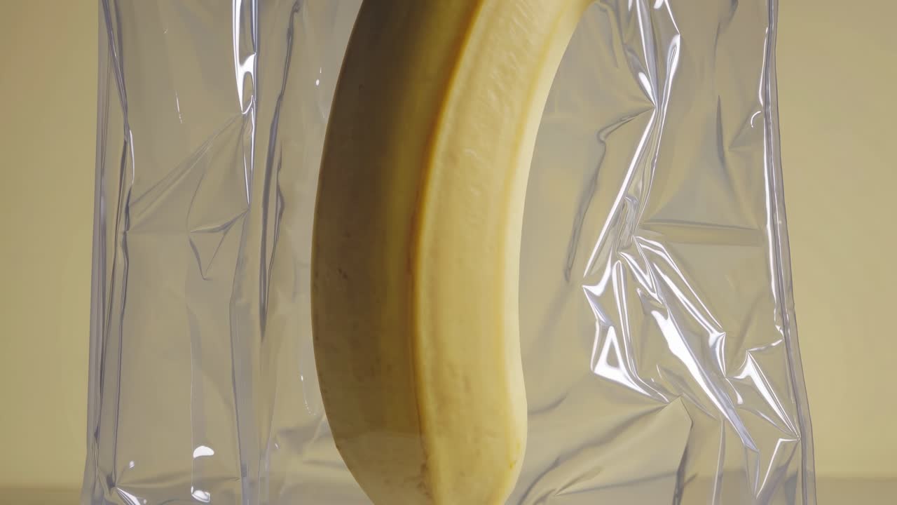 Single ripe banana is encased in a shiny, transparent plastic wrap, showcasing its smooth texture and vibrant color. The minimalist background emphasizes the fruit's natural appeal