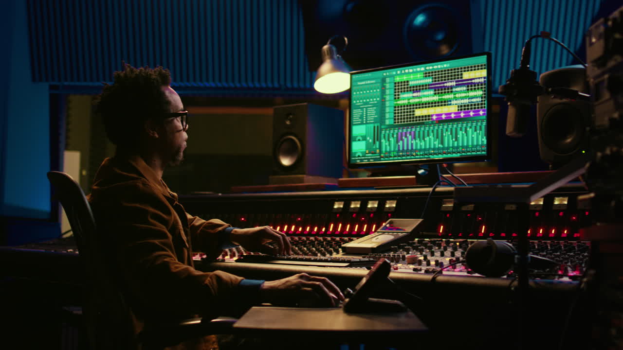 African american sound designer working with editing software to produce tracks