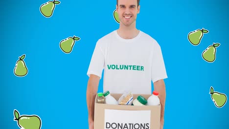 Animation-of-caucasian-male-volunteer-over-pear-icons-on-blue-background