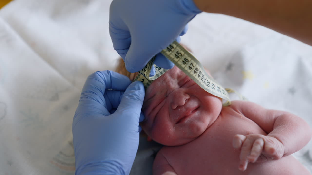 Just born Caucasian baby is unhappy and waving hands. Medic measures newborn's head with a measuring tape. Close up.