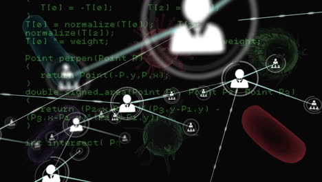 rete di icone di profilo e elaborazione dei dati contro le cellule e i vasi sanguigni di covid-19