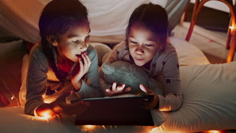 Family,-tablet-and-girl-sisters-in-a-bedroom-tent