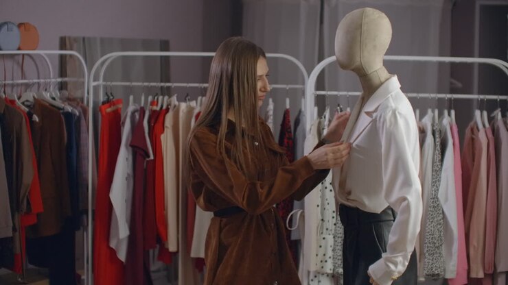 A young brunette looks at a clothing store dressed on a mannequin. Clothing store in the supermarket. Brand clothing in a boutique girl looks at a mannequin