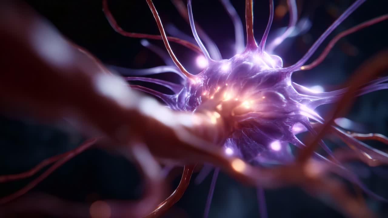 Close-Up of a Neuron with Glowing Synapses, Showcasing Its Complex Structure and Functionality in a Mystical, Abstract Style Depicting Neural Connections