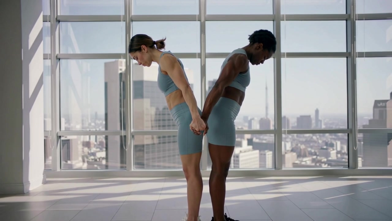 Due donne che partono in posizione eretta e si piegano in avanti per l'equilibrio in studio, con abbigliamento sportivo coordinato e luce solare