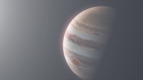 toma cinematográfica del planeta júpiter con una gran mancha roja y una fuerte neblina de llamaradas solares
