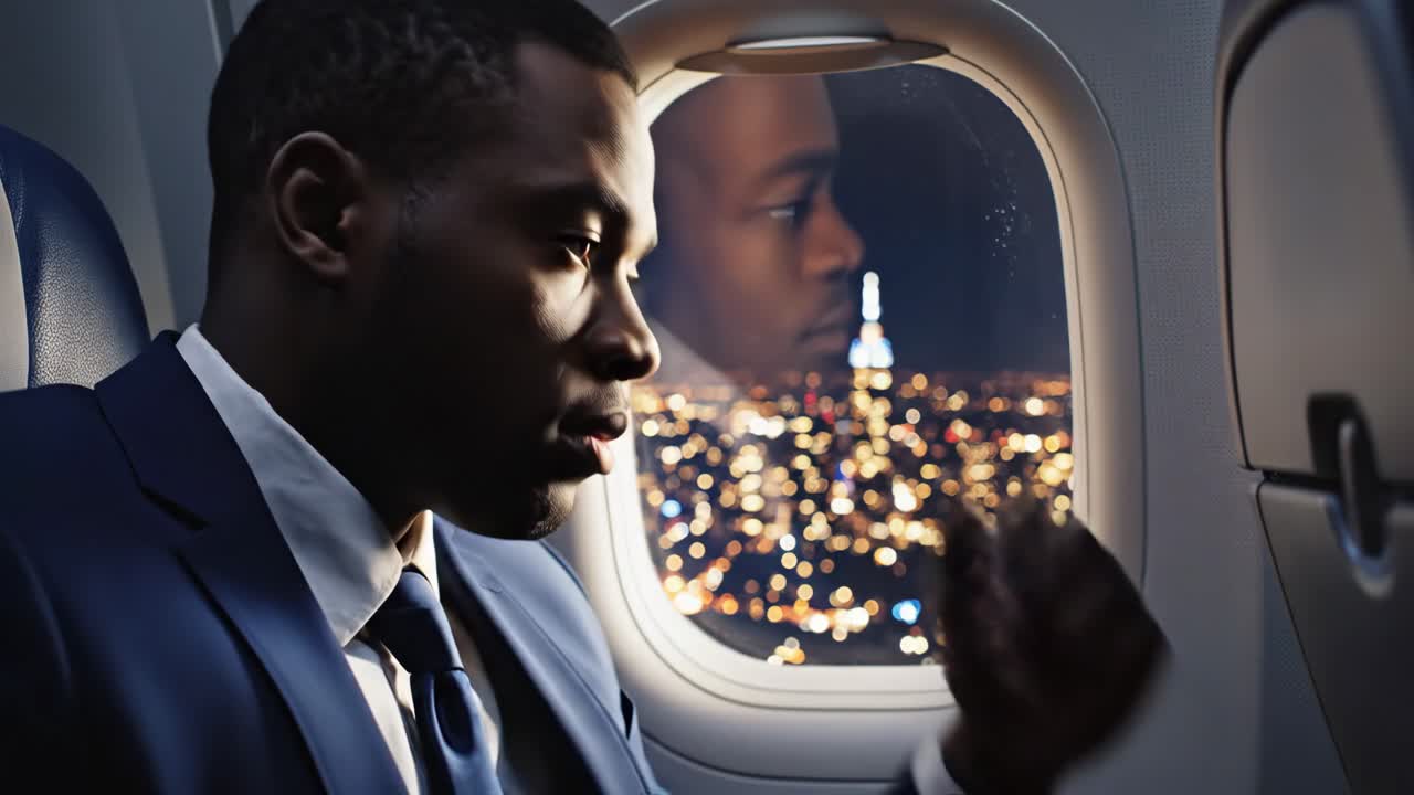 Man Traveling on Airplane at Night
