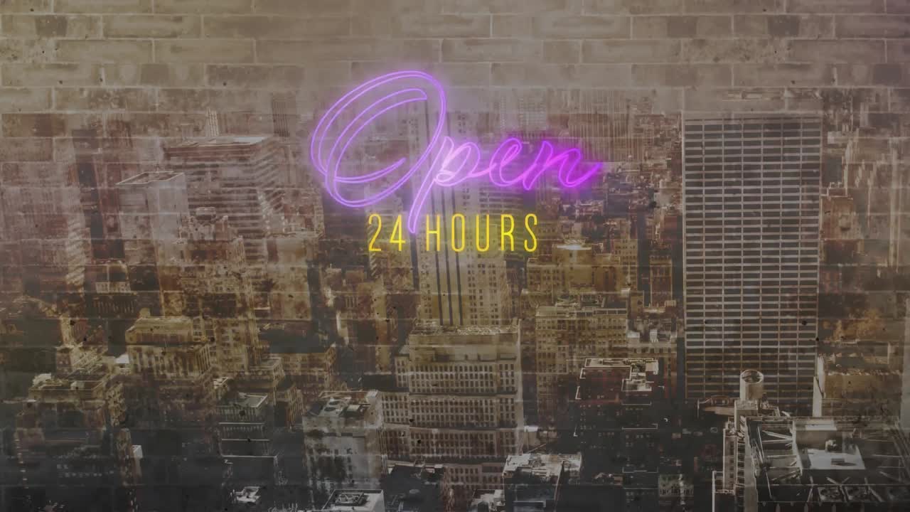 도시 풍경 에 보라색 과 노란색 네온 으로 24 시간 개방 된 표지판
