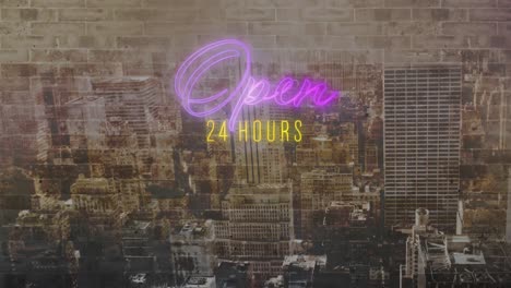 Open-24-hours-sign-in-purple-and-yellow-neon-on-cityscape