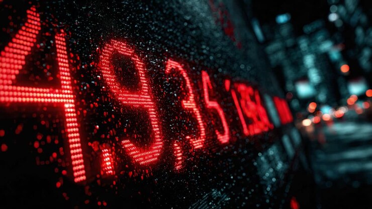 Røde elektroniske tal på en finansiel børs-ticker viser et fald i løbet af en regnfuld nat i en moderne by, hvilket symboliserer et bearish marked, recession og økonomisk krise.