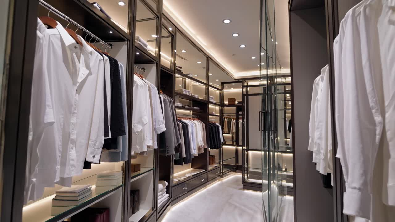 Wide-angle shot of a luxurious walk-in closet with sleek, modern design