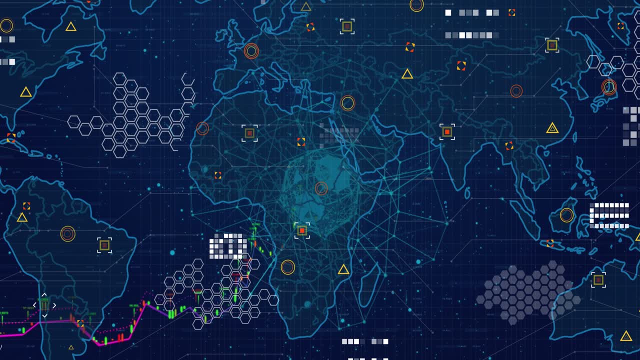 Animation of icons, data and world map on navy background