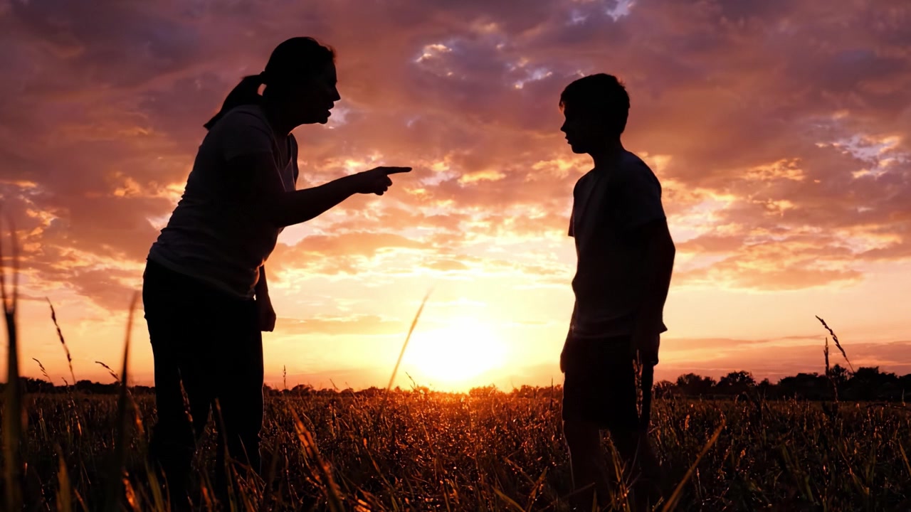 A Beautiful Sunset in the Field Capturing a Silhouette Interaction Between Two Individuals, Reflecting Emotions and Connection in Nature's Glow
