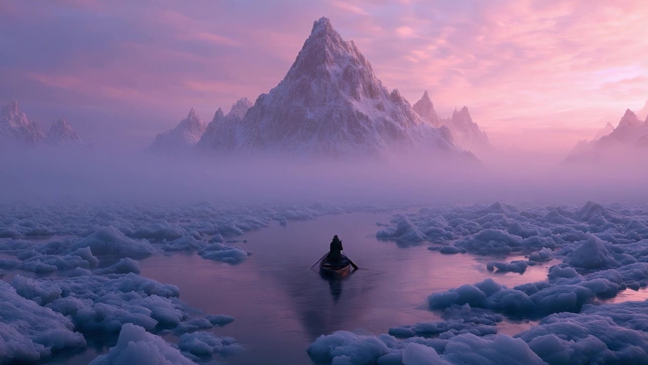 Eine einsame Gestalt navigiert in der Morgendämmerung durch eine wunderschöne Eislandschaft, umgeben von majestätischen Bergen und einem surrealen, farbenfrohen Himmel, was eine ruhige Atmosphäre der Erkundung schafft