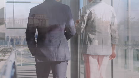 animation of diverse business people in office over cityscape