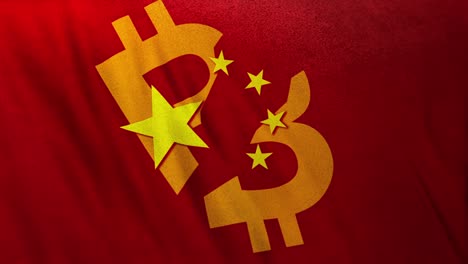 looped chinese flag symbols with bitcoin symbol depicting ban of cryptomining and use of cryptocurrency in china