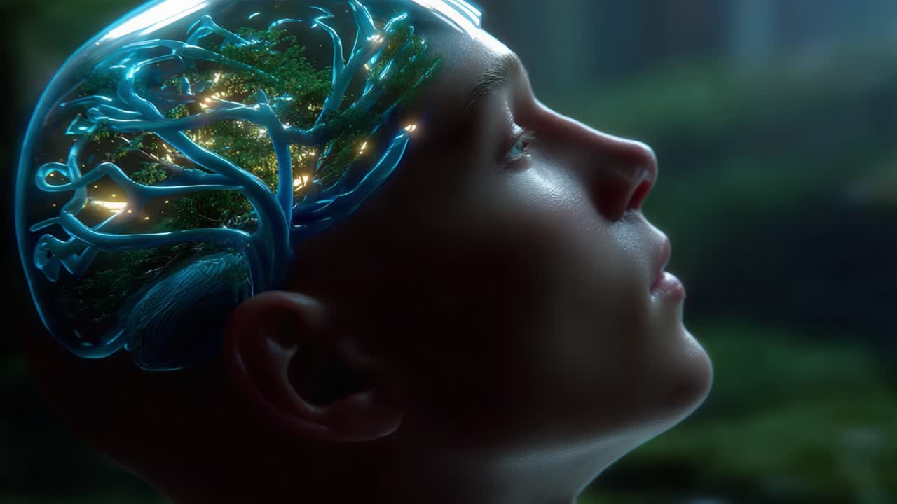 An imaginative visualization of the human brain, showcasing a mesmerizing blend of nature and creativity, illustrating the concept of thoughts blooming like a vibrant forest within the mind's architecture