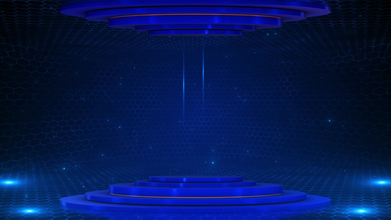 Blue futuristic stage platform background glowing podium hexagon wall soft particles cyber space