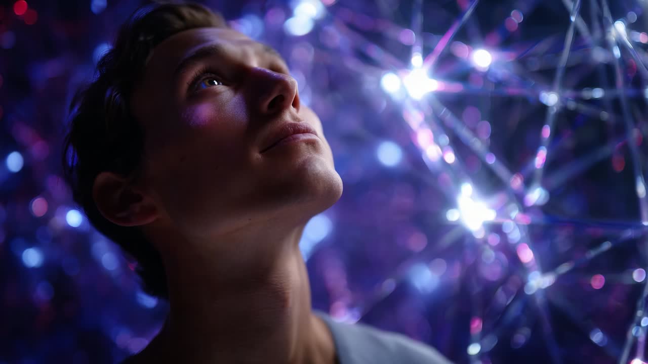 A young man gazes thoughtfully upward, illuminated by a mesmerizing abstract background of sparkling lights and vibrant colors, reflecting wonder and curiosity in a dreamlike atmosphere