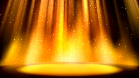 empty golden scene on glitter background, place lit by bright golden spotlight, falling shiny sparkling particles. colorful amber backdrop for catchy design, seamless loop