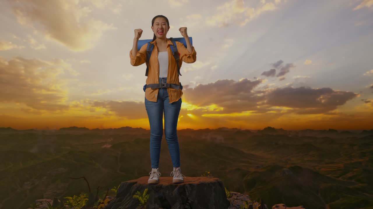 un excursionista feliz en la cima de la montaña al atardecer