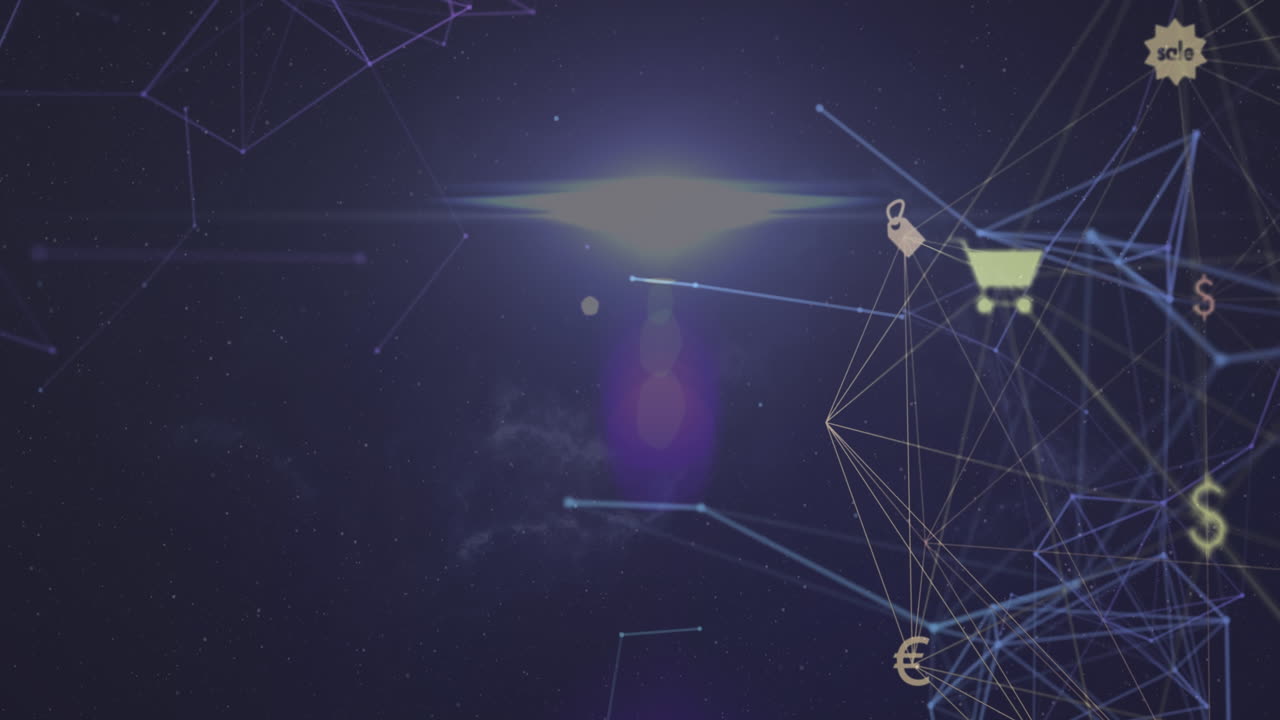 animación de puntos de luz e iconos de medios en fondo negro