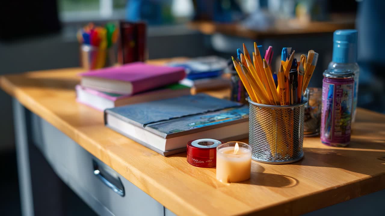 Organized Workspace with Stationery and Candles: A Cozy Study Setup for Creativity and Focus in a Bright, Inviting Environment