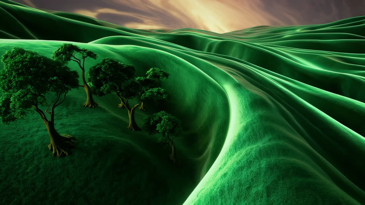 Surreal Undulating Landscapes with Vibrant Swirling Skies
