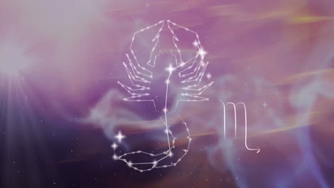 animación del signo de la estrella escorpio sobre nubes de humo en el fondo.