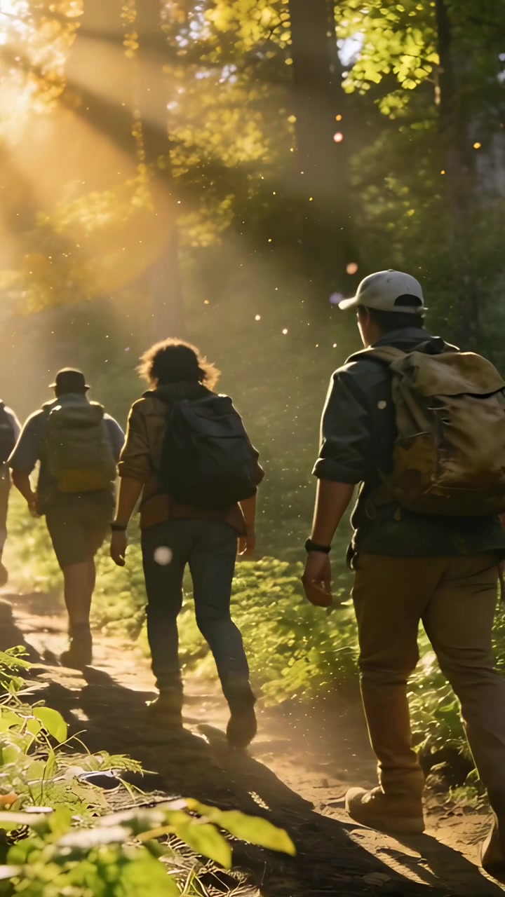 Video verticale: Entrando da sinistra, escursionisti che camminano in fila nel bosco con attrezzatura da trekking e zaini.