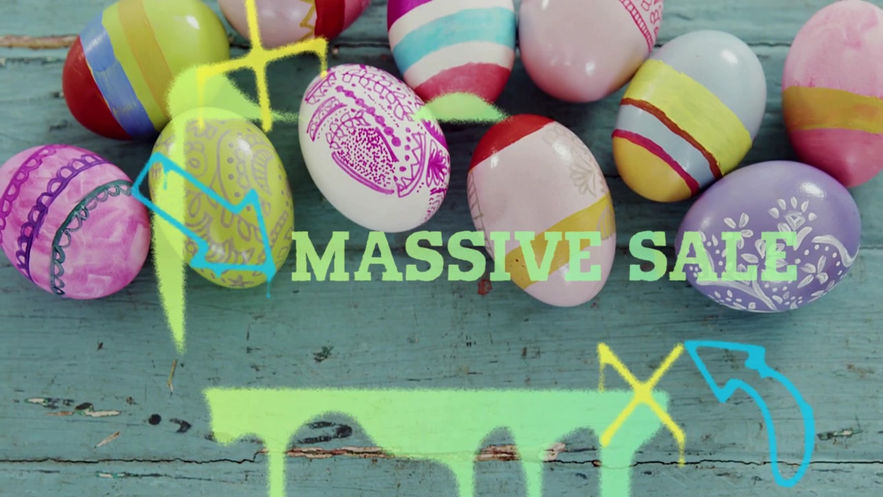 緑色の筆跡が下へ掃引し、広がり滴りながら「MASSIVE SALE」の文字が現れ、卵の落書きがそれを縁取る。