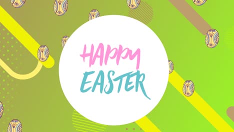 animation of happy easter text over egg icons and colorful shapes