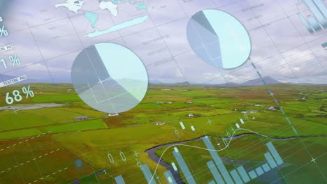 animation of charts processing data over green fields in rural landscape