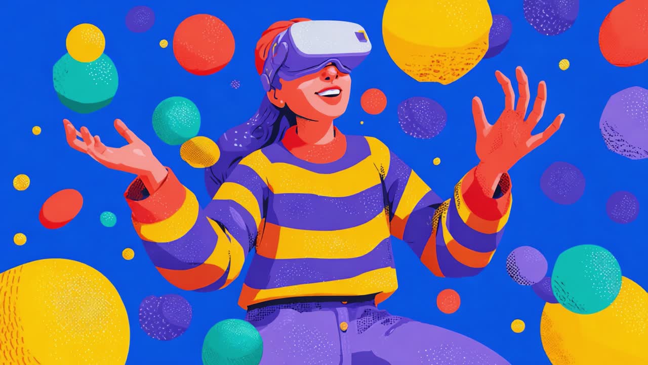 A Vibrant Exploration of Virtual Reality: A Young Woman Donning a Headset, Experiencing the Thrills of Digital Worlds Surrounded by Colorful Spheres, Immersing in a Playful Atmosphere of Technology and Imagination