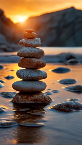 balancing stones reflect sunset by the river at golden hour