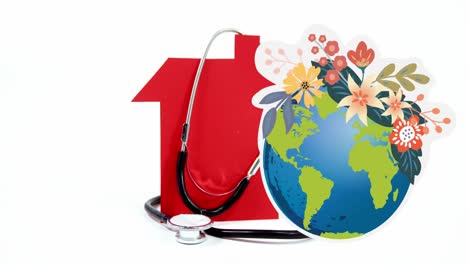 Digital-animation-of-flower-over-earth-icon-and-stethoscope-against-white-background