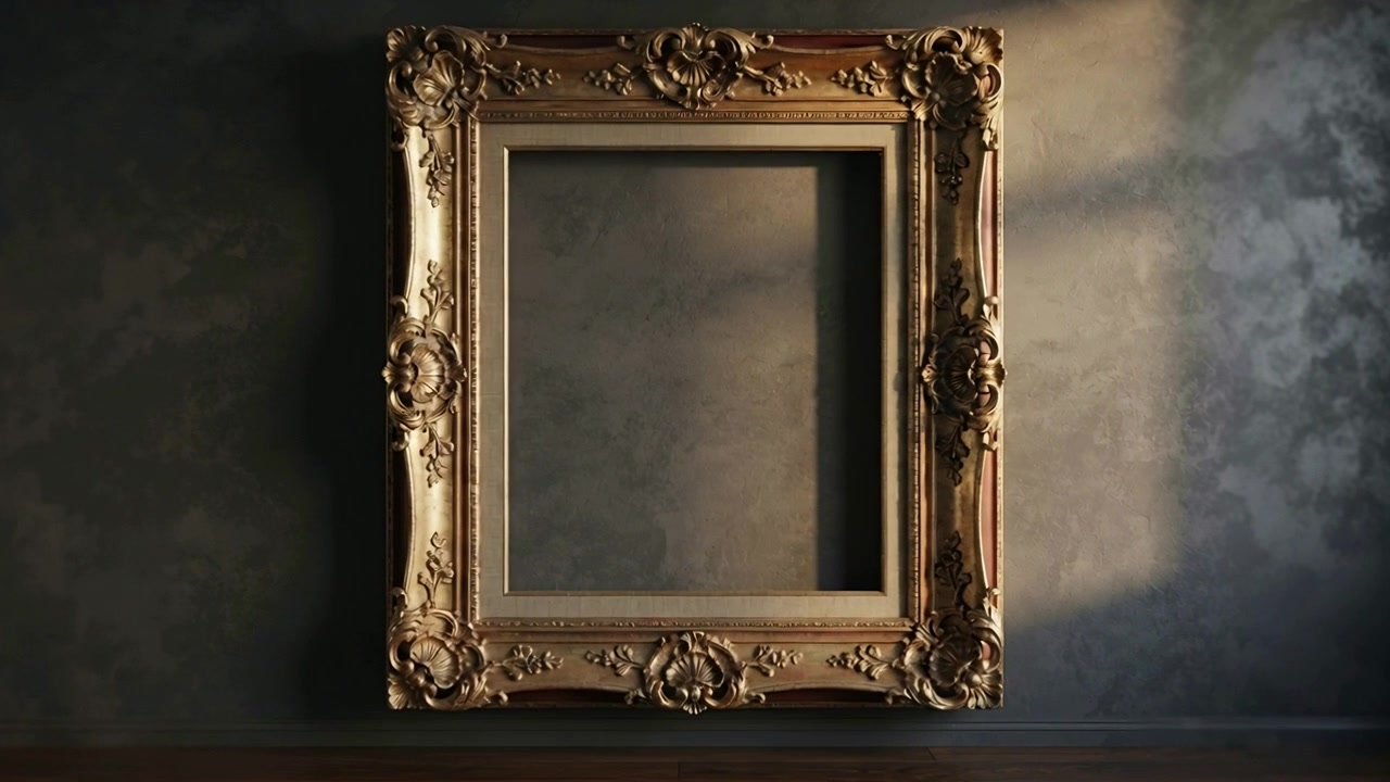 Telecamera che zooma rivelando una cornice intagliata e dorata su una parete del salotto, con luce calda che evidenzia i dettagli.